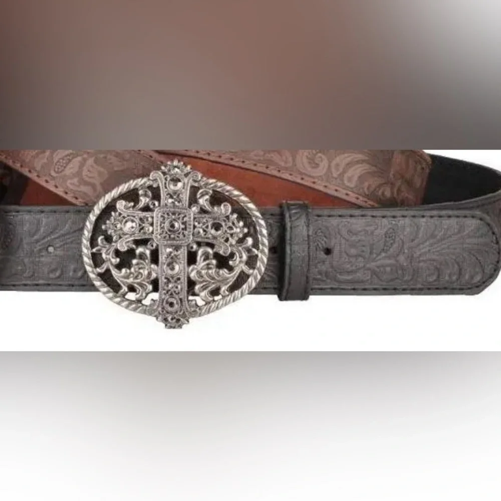 Cross Rhinestone Buckle Black Tooled Scroll Belt Size Large